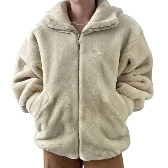 Vintage 1970s Neiman Marcus White Soft Faux Fur Retro Bomber Teddy Jacket Sz M - Picture 1 of 7